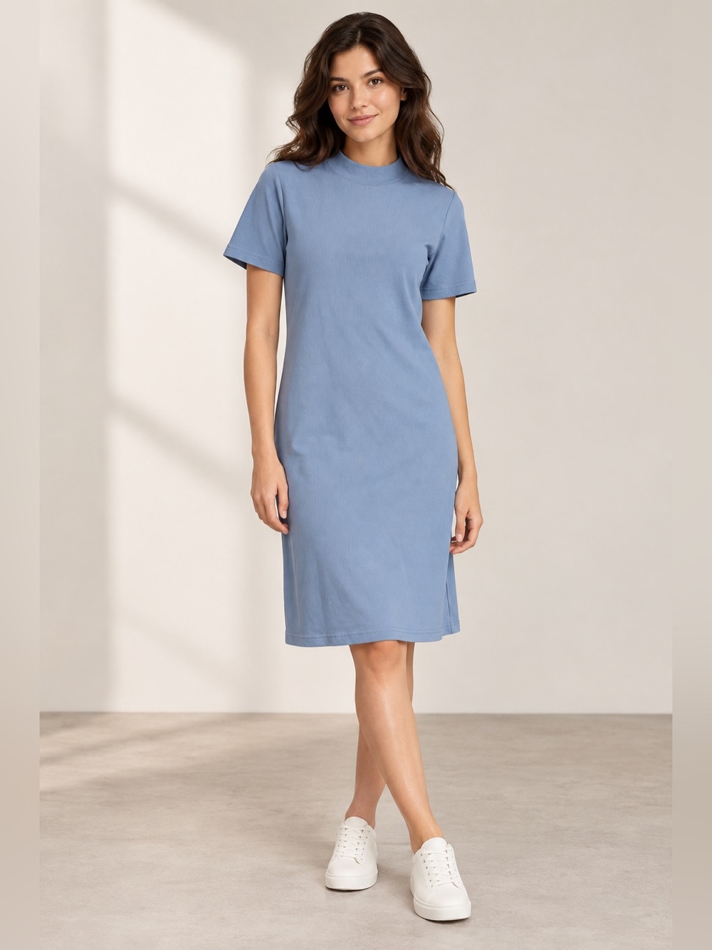 Lands’ End Blue Mock Neck Short Sleeve Ribbed Dress Women’s Size S 6-8